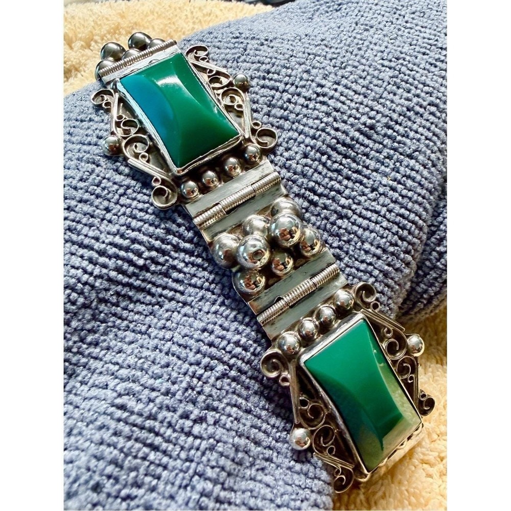 Vintage Mid-Century Mexican Sterling Silver Green Onyx Panel Link Bracelet 7 in - Picture 9 of 16